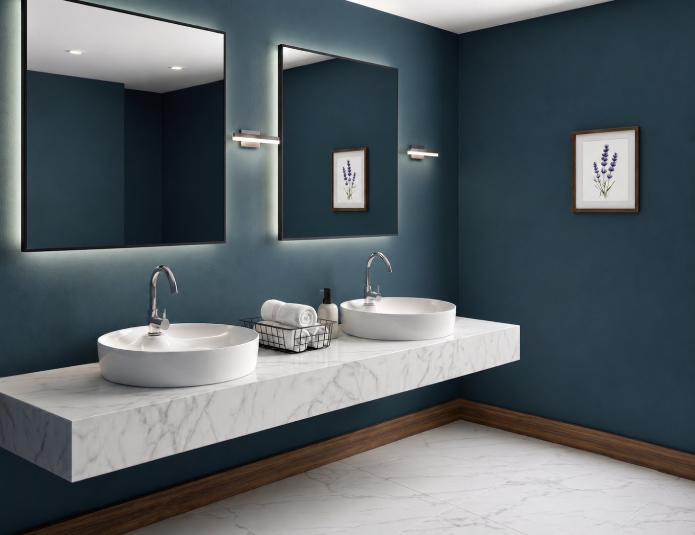 Double basin vanity with backlit mirrors in a modern teal bathroom