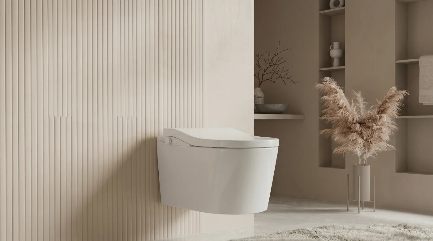 Wall-hung smart toilet in a minimalist bathroom